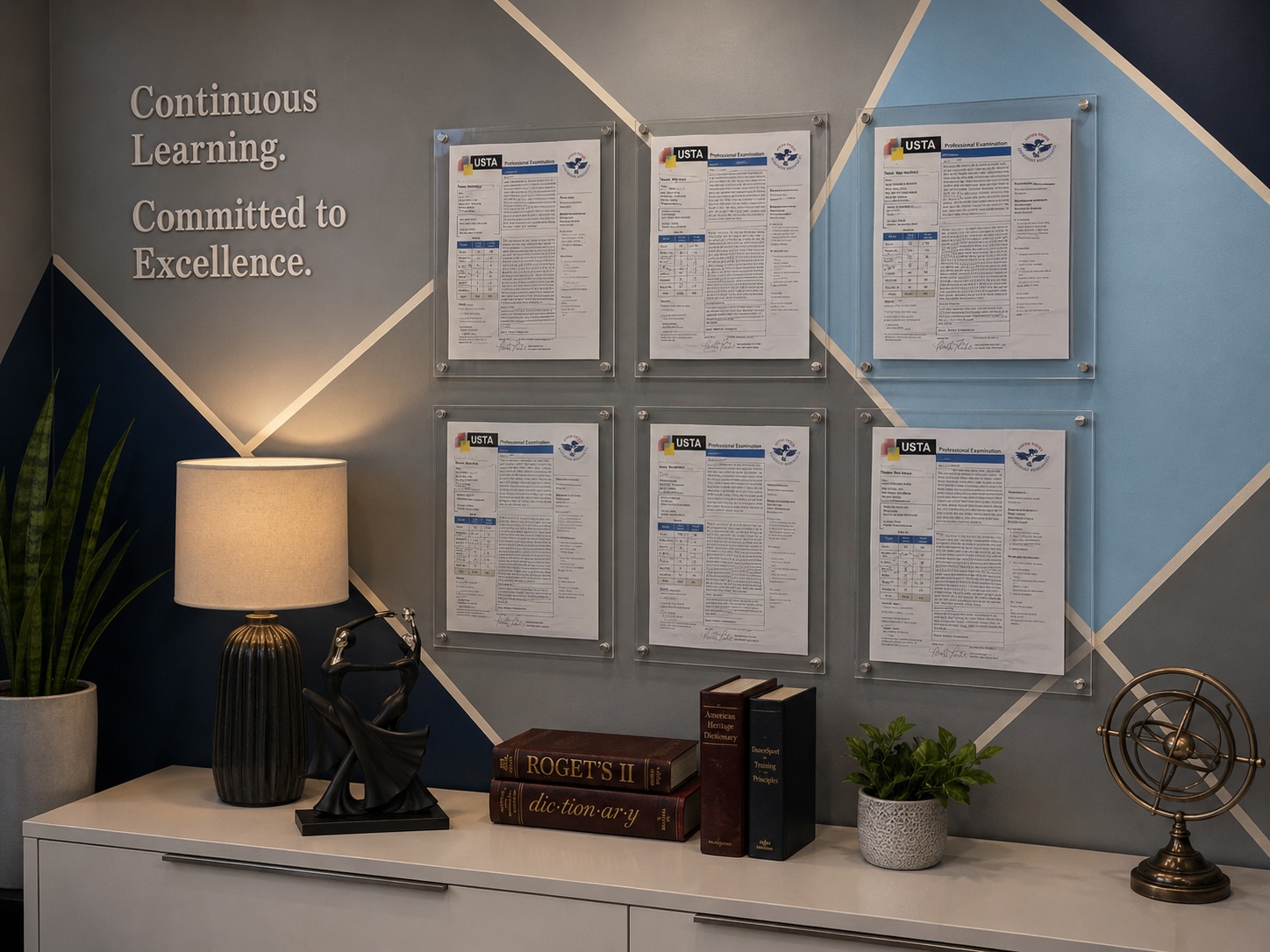 Studio certificate wall — Continuous Learning, Committed to Excellence