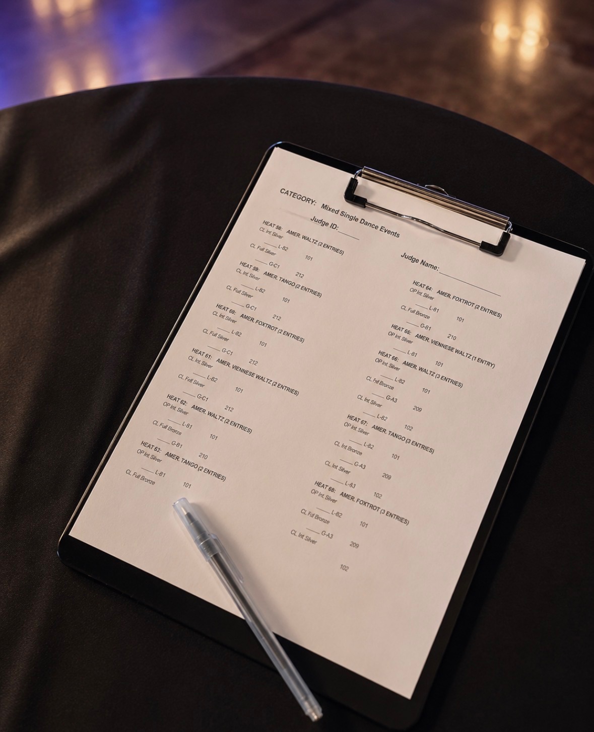 Judge's heat list clipboard
